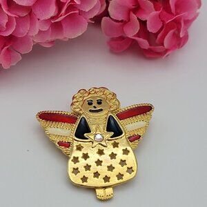 Vtg. USA Patriotic Angel Brooch Gold Tone Multicolor Enamel Signed NEWPRO 1.75"